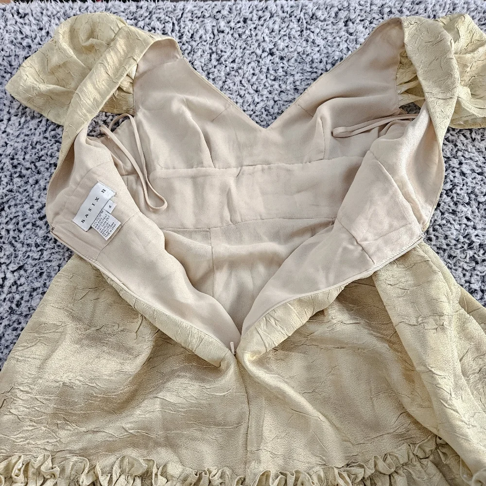 Basix II Gold Mini Dress Sz 4 Small Puff Sleeve Coquette Victorian Wedding Party - Picture 5 of 12